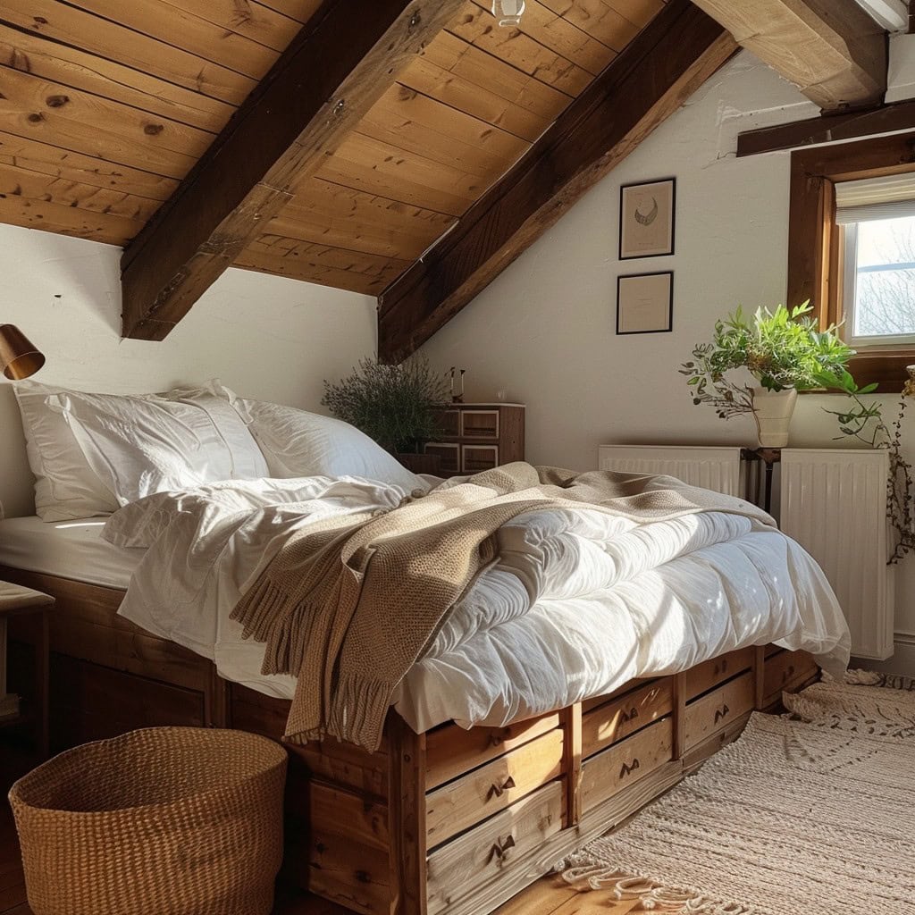 Under-bed linen storage boxes in a cozy Scandinavian bedroom
