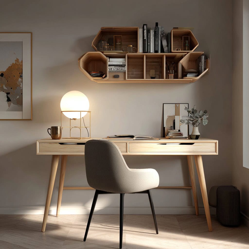 Minimal desk layout with Scandinavian lighting and hidden storage