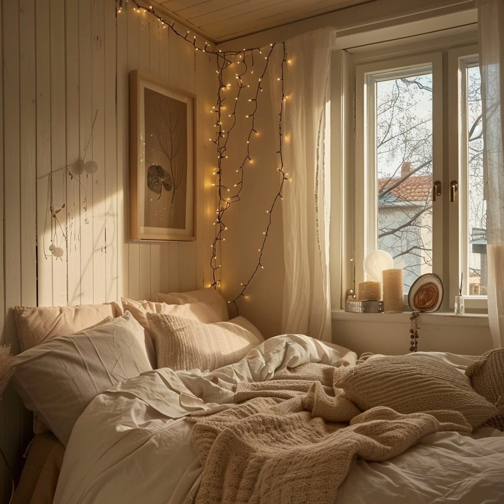 cozy small bedroom ideas on a budget with layered bedding, soft lighting and minimal decor