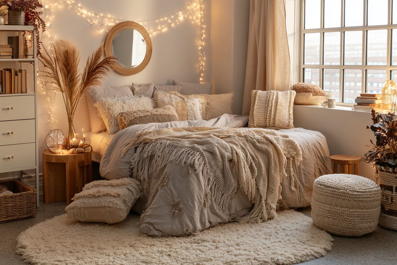Cozy styled dorm room with warm neutral bedding, string lights and a soft rug, inviting college aesthetic