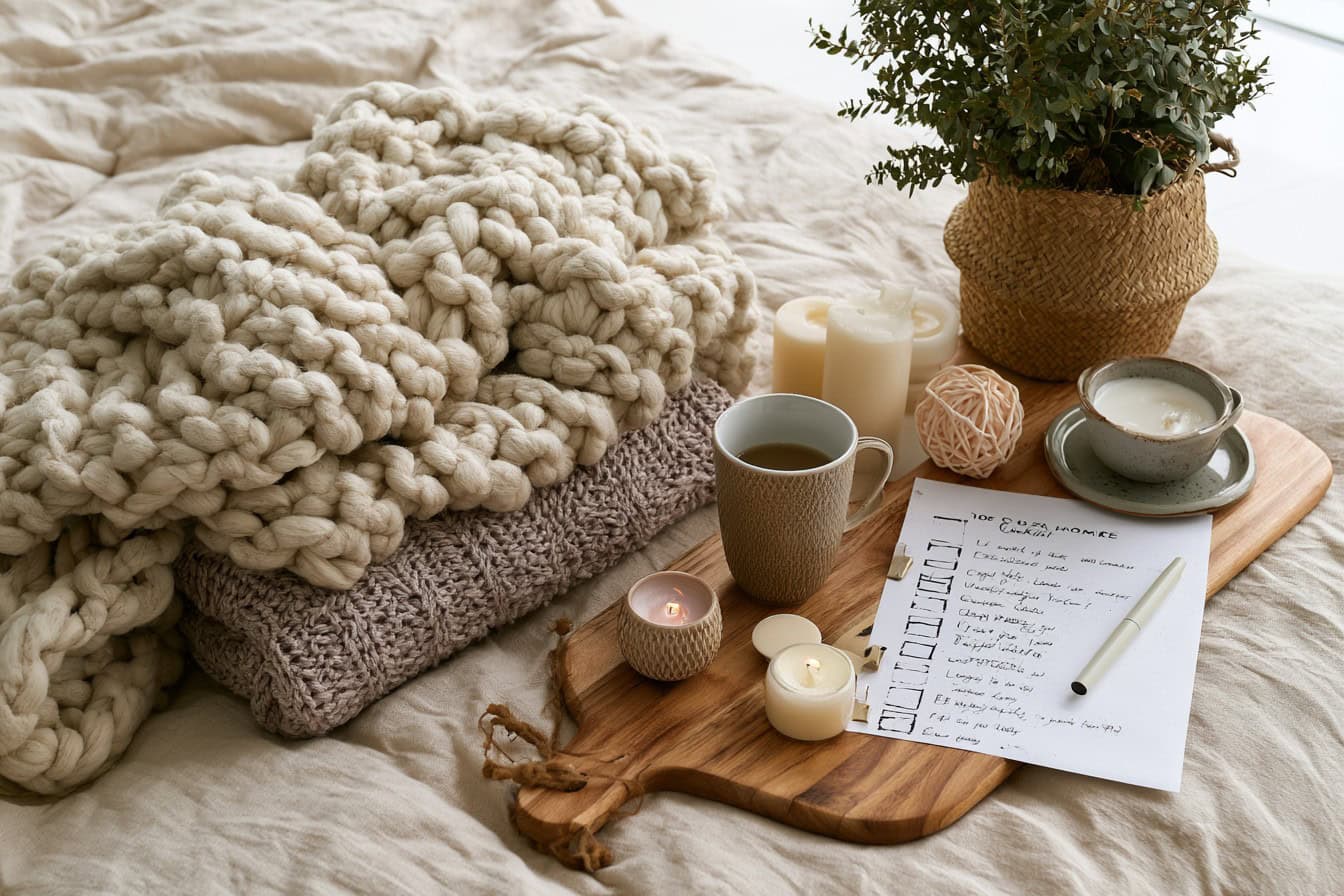 Printable cozy home checklist beside a folded chunky knit blanket, flat lay