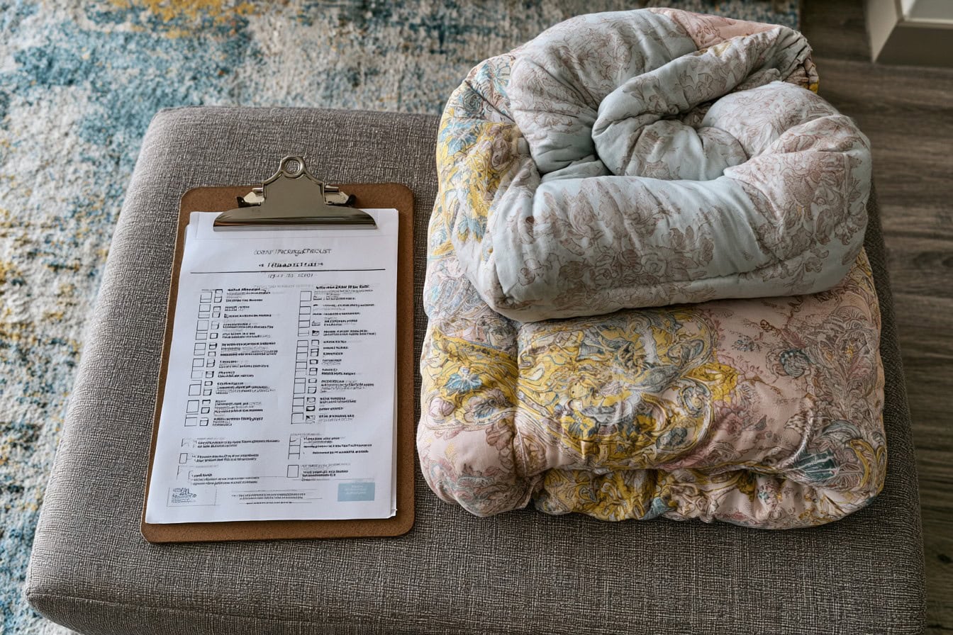 Printable dorm packing checklist on a clipboard beside a folded twin XL comforter set, flat lay