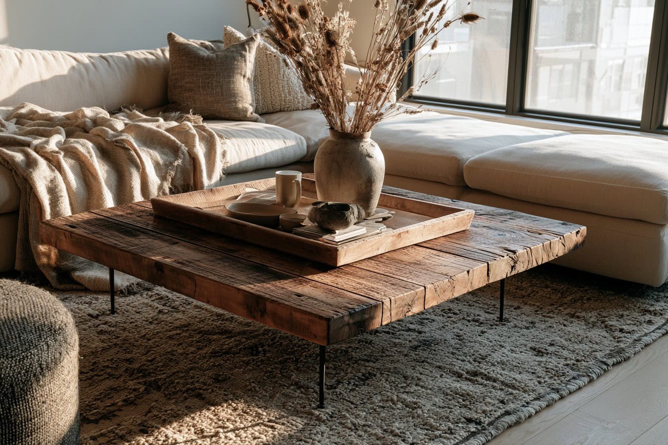 Interior photograph of a modern rustic coffee table with a reclaimed wood top and slim black metal legs, styled with a wood tray, stoneware vase and dried stems, cozy living room, warm morning light, wide shot.