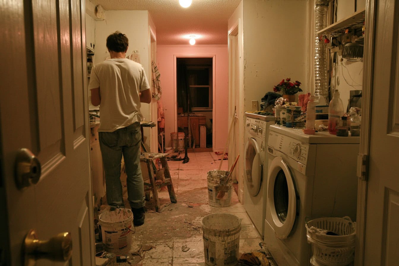 Painting a laundry room in the evening under a single warm bulb