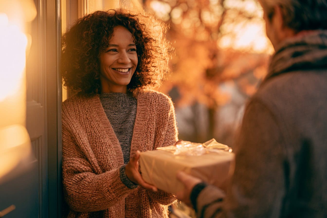 Guest handing a wrapped gift to a host at the door, warm fall light