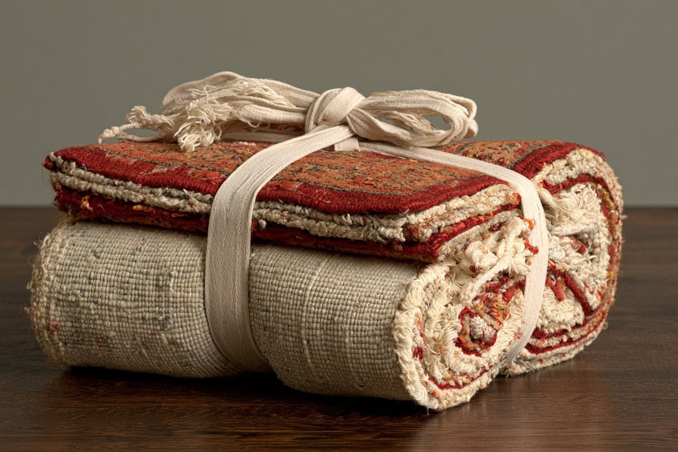 Rug loosely rolled pile side out and tied with cotton straps