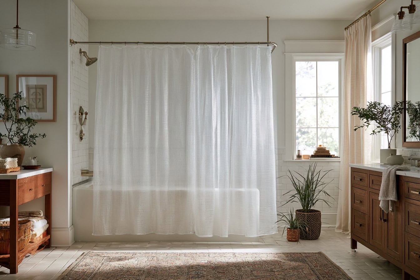 Clear shower curtain liner hanging spread across a rod in a bright bathroom
