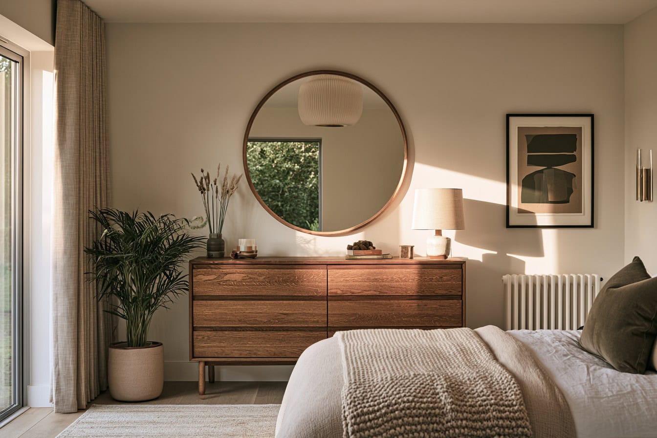 Scandinavian bedroom with a large round mirror above an oak dresser