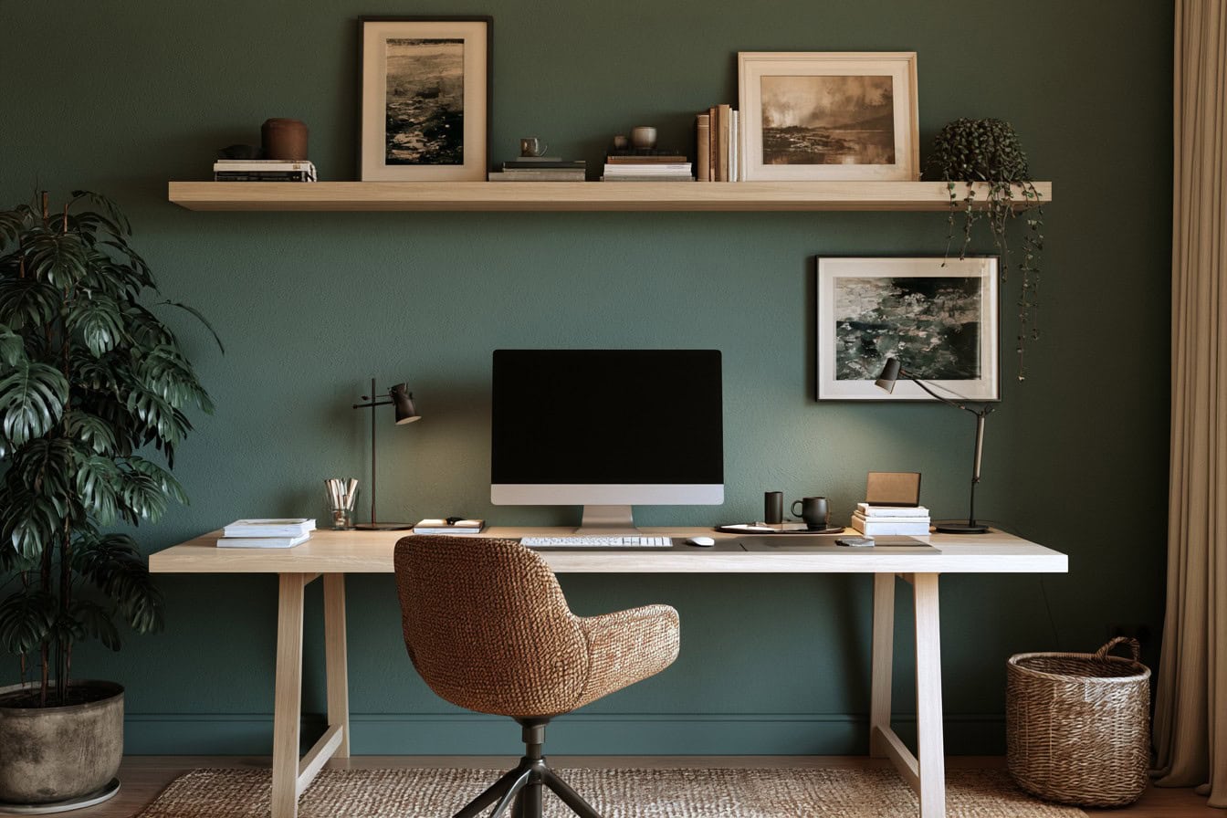 Pale wood shelf above a desk with clear space above the monitor