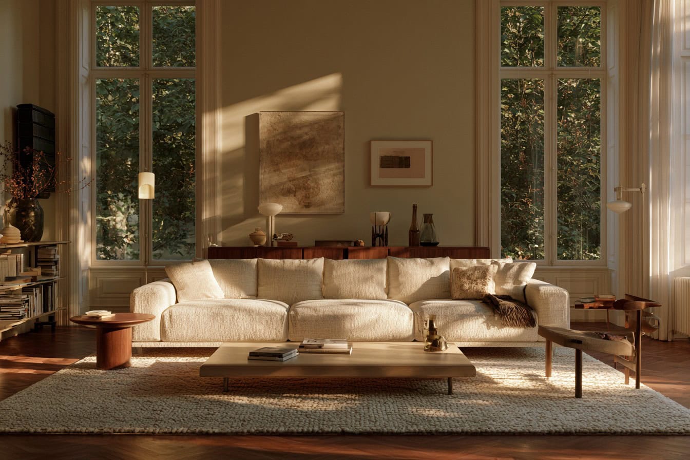 Cozy living room with a clean fabric sofa in warm evening light