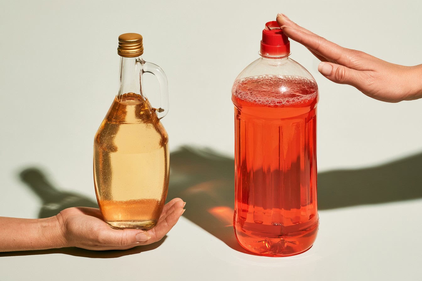 Vinegar and bleach bottles set apart with a warning gesture