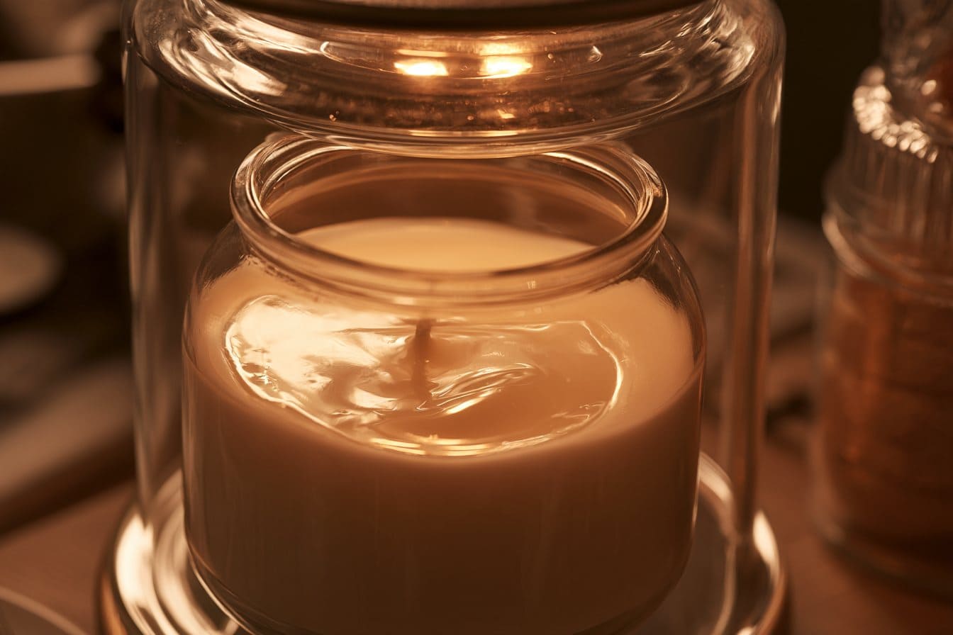 Candle warmer vs burning candles: melted wax pool in a jar candle under a warmer, no flame