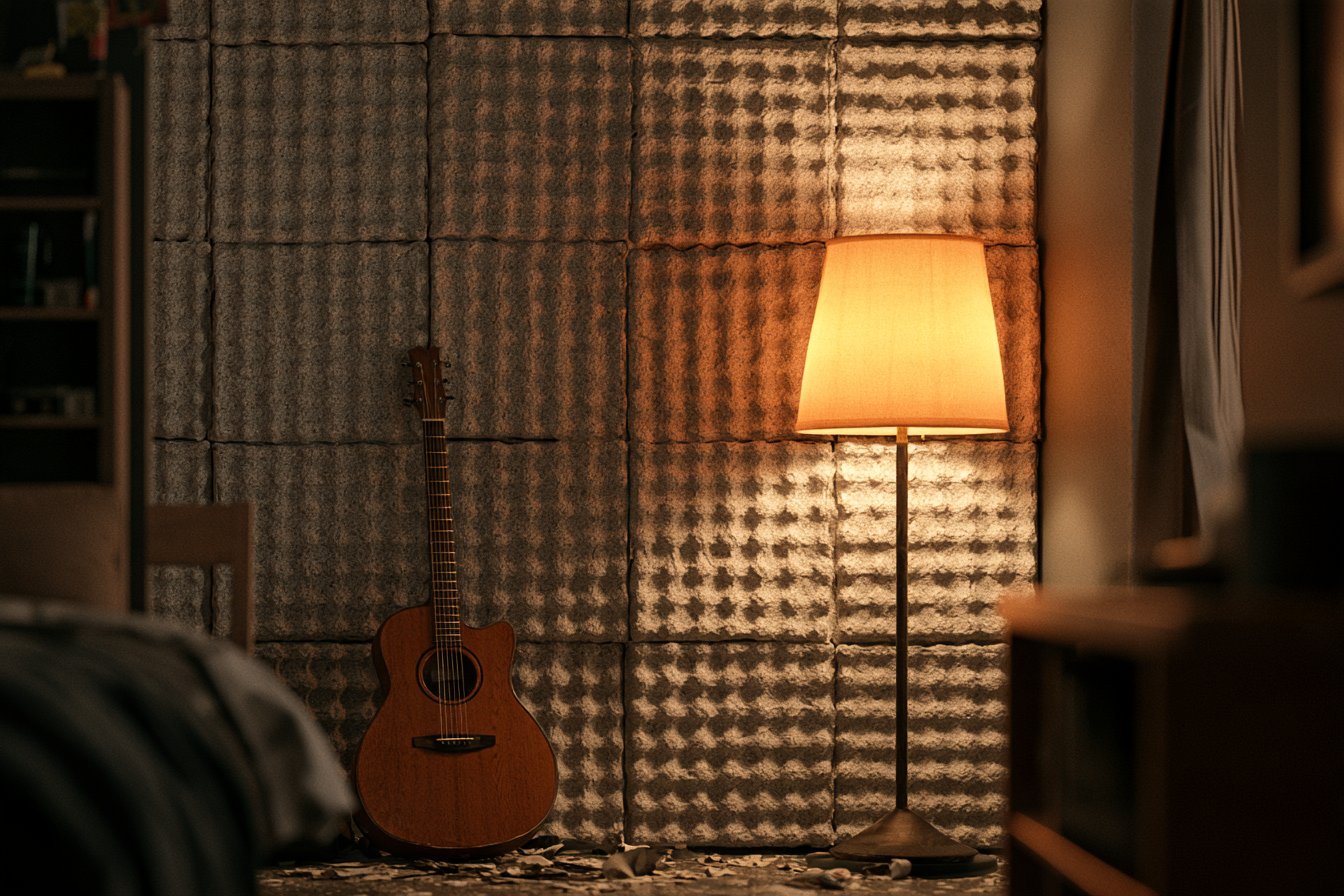 Bedroom wall covered in gray paper egg cartons with an acoustic guitar and a lit floor lamp in front of it