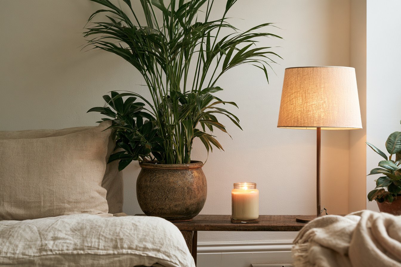 Cozy corner with a large potted palm, a lit jar candle and a linen table lamp on a rustic wooden bench