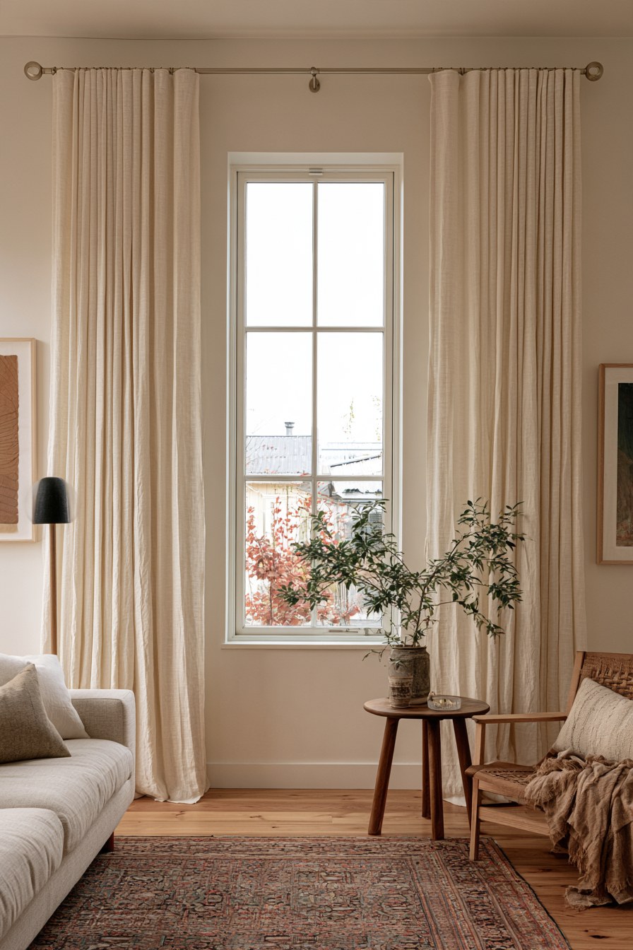 How to hang curtains high and wide: cream linen curtains on a rod mounted near the ceiling, extending past a tall window in a cozy living room