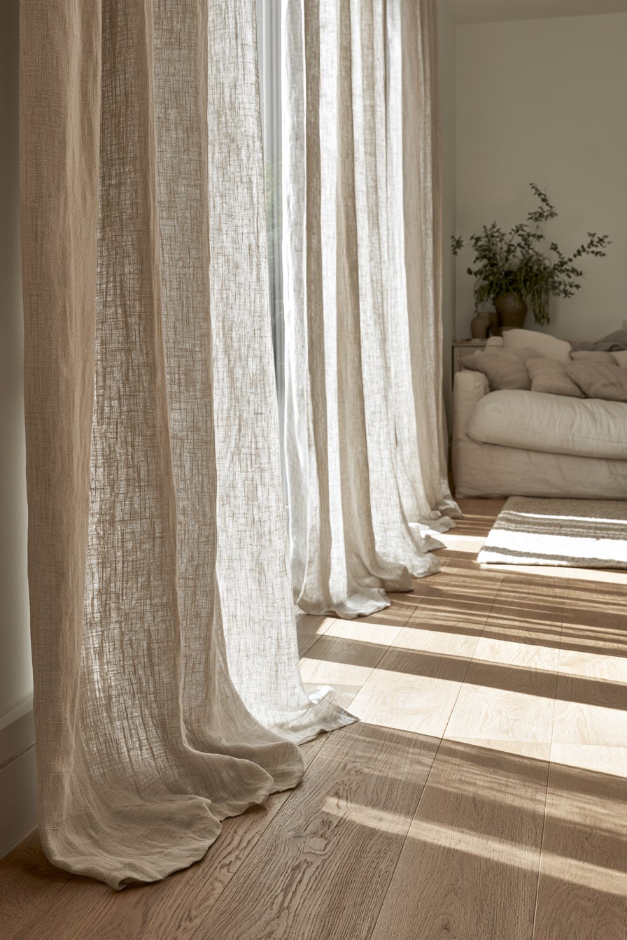 Sheer linen curtains puddling softly on a light oak floor in sunlight