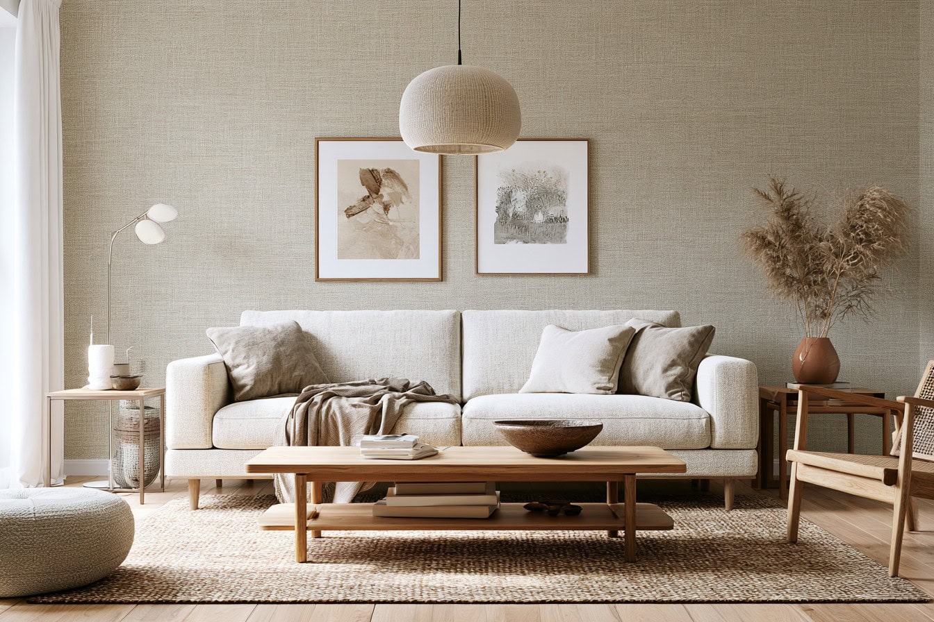 Peel and stick wallpaper for renters: burlap-look accent wall behind a linen sofa in a cozy living room
