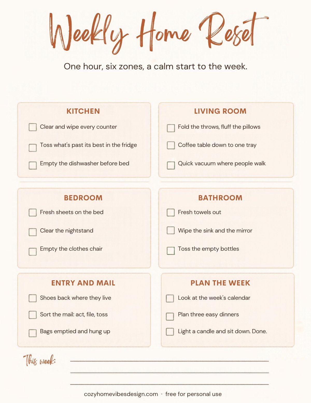 Free Weekly Home Reset Checklist Printable for a Cozy Home